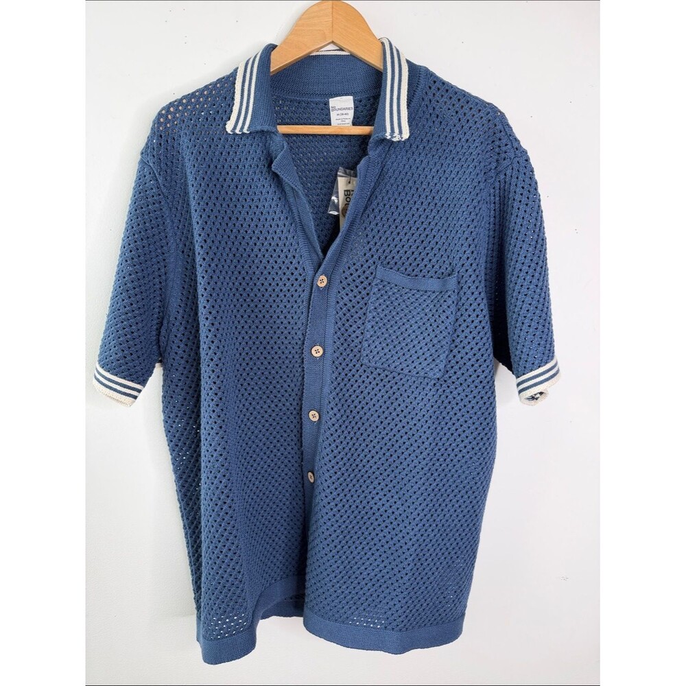 NWT Men Blue Open Stitch Mesh Polo Cardigan Sweater Relaxed Knit Retro Resort
